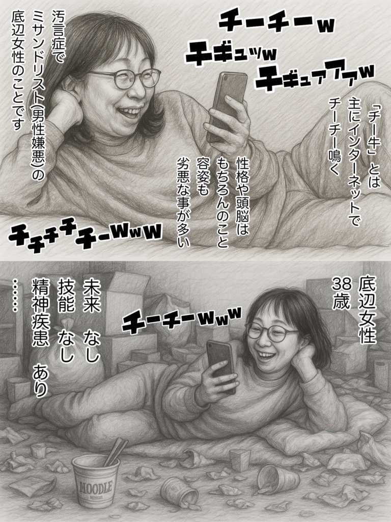 「チー牛」とはインターネットで「チーチー!」と鳴く、性格も頭脳も劣悪なチー牛底辺女性を表す言葉です。