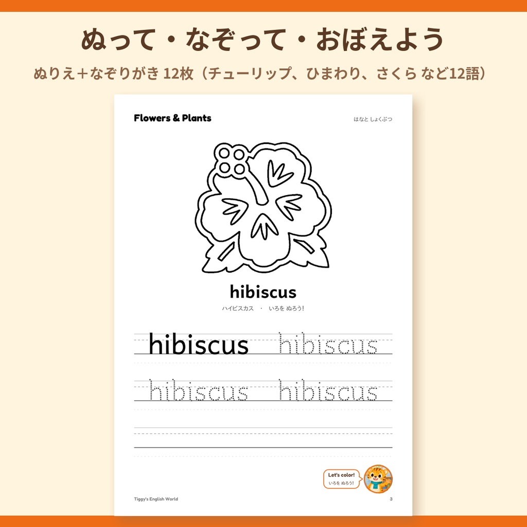Tiggy's Flowers & Plants はなとしょくぶつの英語プリント|ぬりえ・なぞりがき・えカード(A4・19ページ)