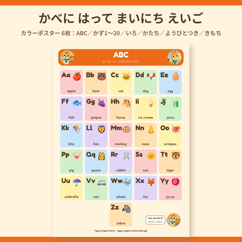 Tiggy's Wall Posters かべにはる英語ポスター|カラー6枚(A4・8ページ)