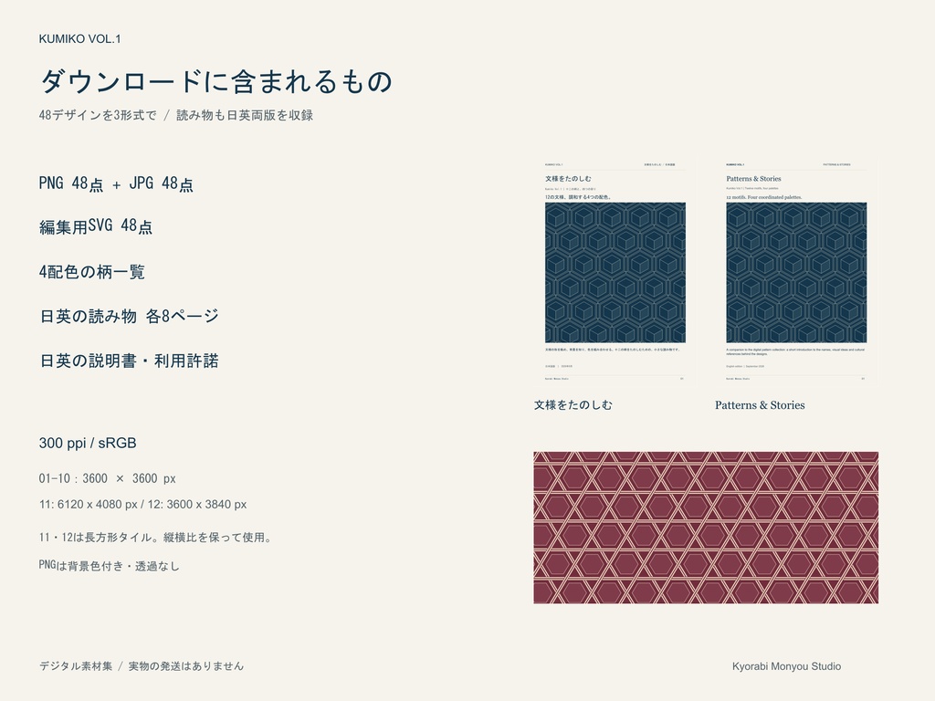 【9/27まで公開記念価格】Kumiko Vol.1|和柄シームレスパターン48点|PNG・JPG・SVG|商用・POD利用可