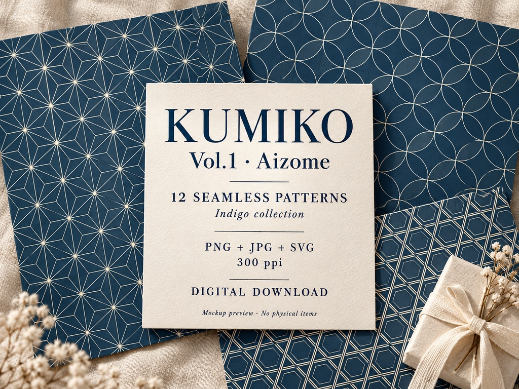 Kumiko Vol.1 Aizome|和柄シームレスパターン12点|PNG・JPG・SVG|商用・POD利用可