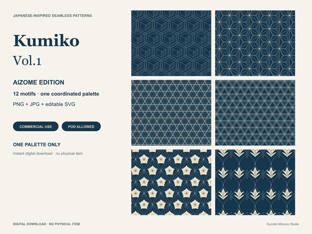 Kumiko Vol.1 Aizome｜和柄シームレスパターン12点｜PNG・JPG・SVG｜商用・POD利用可