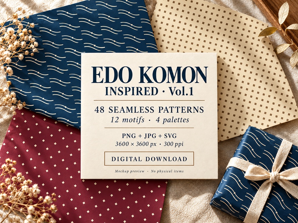 Edo Komon Inspired Vol.1｜12柄×4配色 シームレス和柄素材 SVG・PNG・JPG 商用・POD可