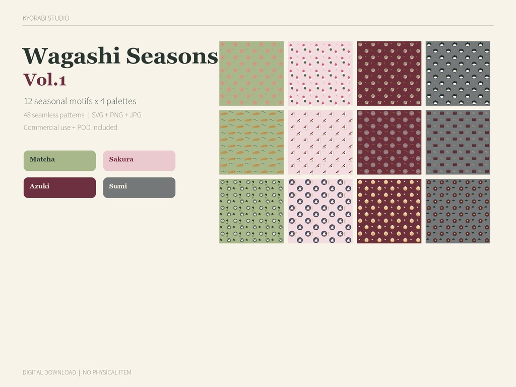 【9/27まで公開記念価格】Wagashi Seasons Vol.1｜和菓子12柄×4配色 シームレス素材 SVG・PNG・JPG 商用・POD可