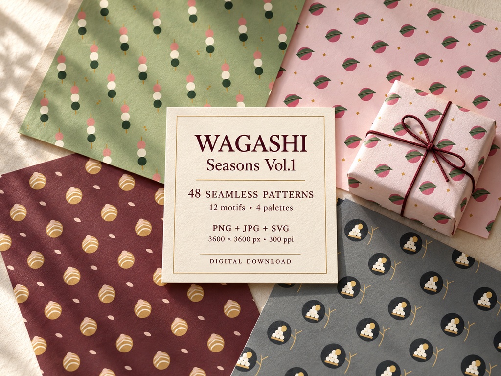 Wagashi Seasons Vol.1|和菓子12柄×4配色 シームレス素材 SVG・PNG・JPG 商用・POD可