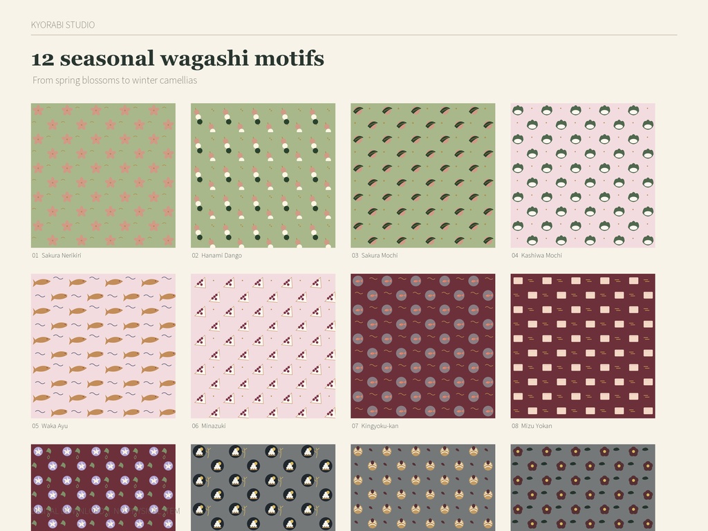 【9/27まで公開記念価格】Wagashi Seasons Vol.1|和菓子12柄×4配色 シームレス素材 SVG・PNG・JPG 商用・POD可