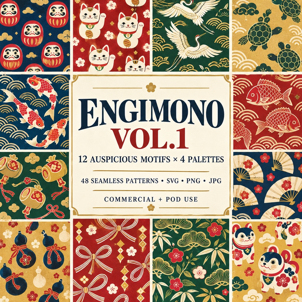 Engimono Vol.1|縁起物12柄×4配色|シームレス和柄素材48点|SVG・PNG・JPG|商用・POD可