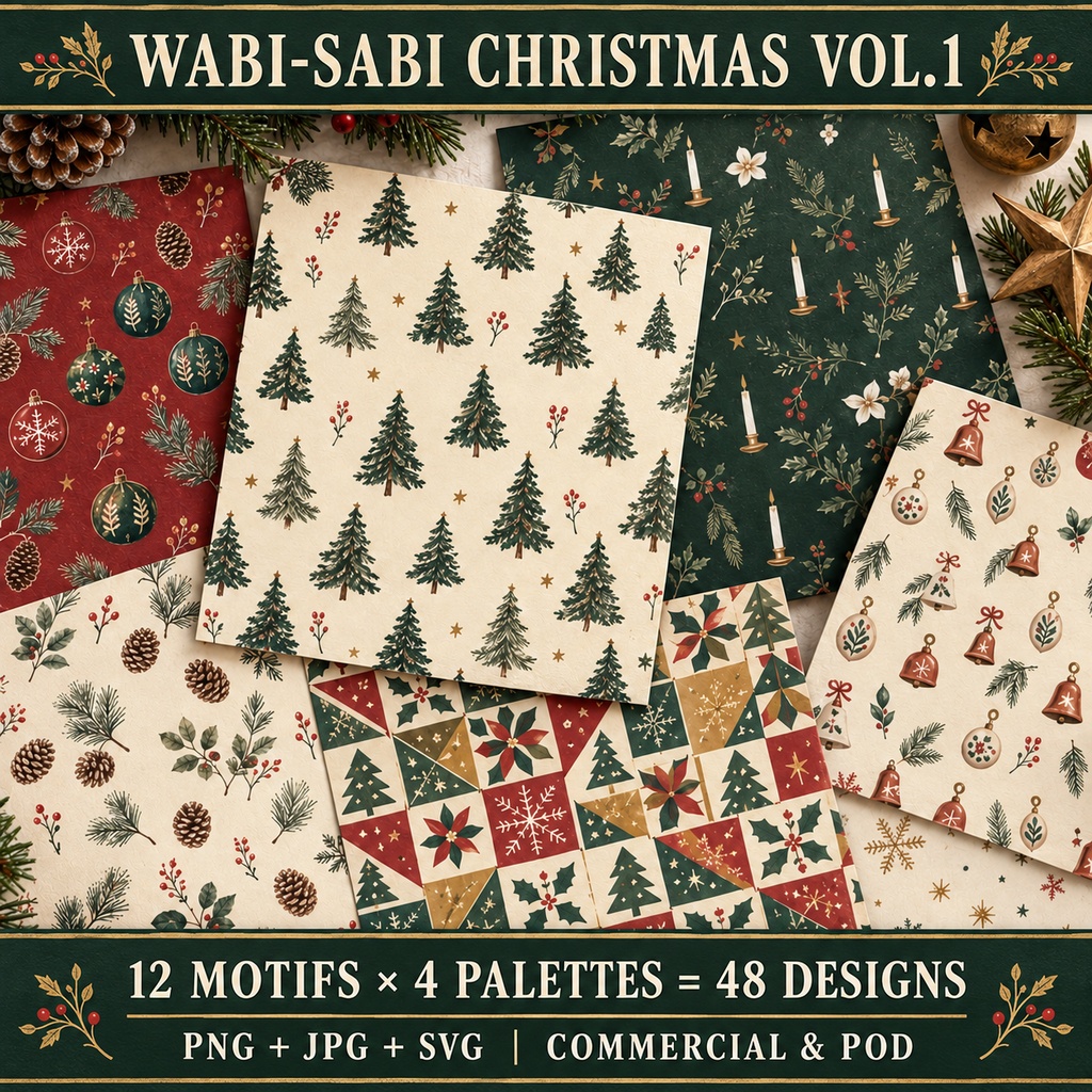 Wabi-sabi Christmas Vol.1|クリスマス12柄×4配色|PNG・JPG・SVG|商用・POD可