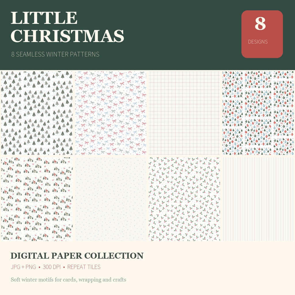 淡色クリスマス柄8種｜Little Christmas｜デジタルペーパー＆反復タイル JPG・PNG