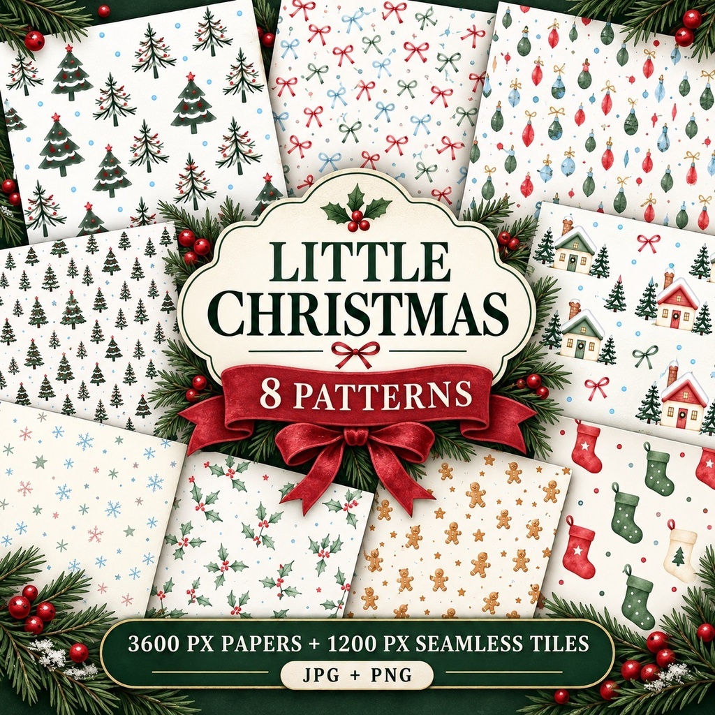 淡色クリスマス柄8種｜Little Christmas｜シームレスデジタルペーパー・反復タイル JPG・PNG