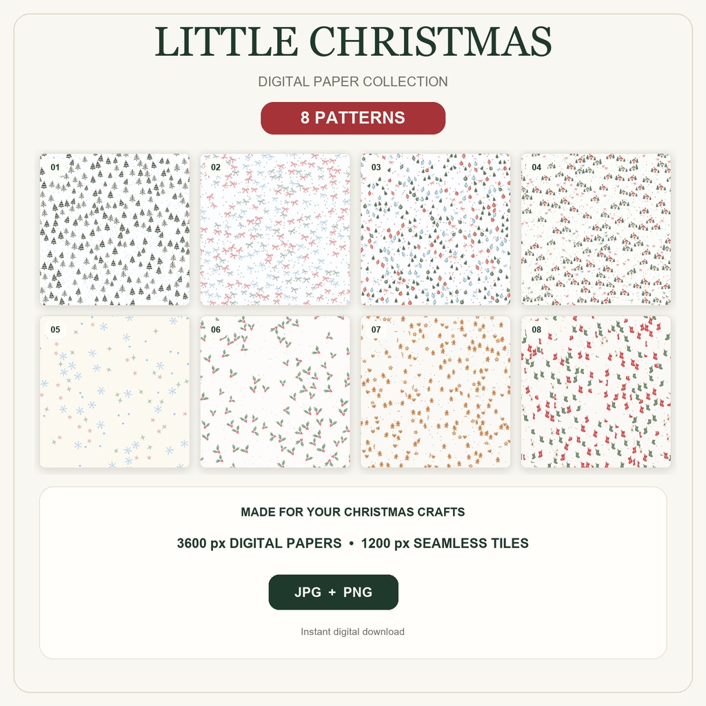 淡色クリスマス柄8種|Little Christmas|シームレスデジタルペーパー・反復タイル JPG・PNG