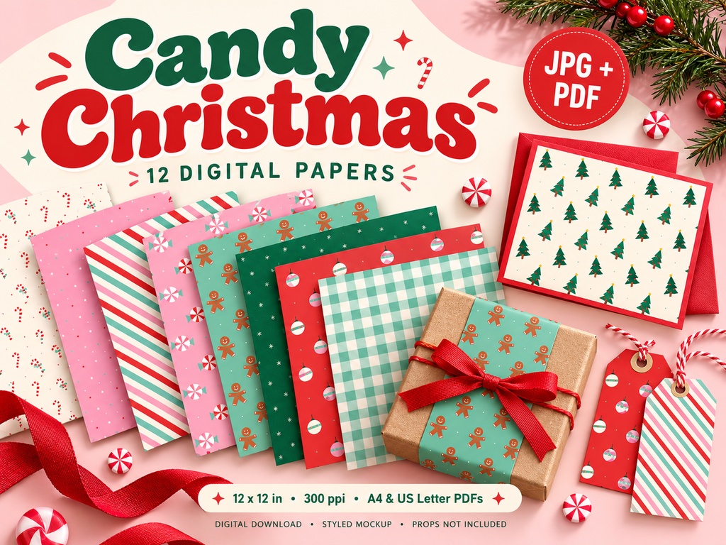 Candy Christmas｜ポップなクリスマス デジタルペーパー12柄｜JPG・A4/Letter印刷用PDF