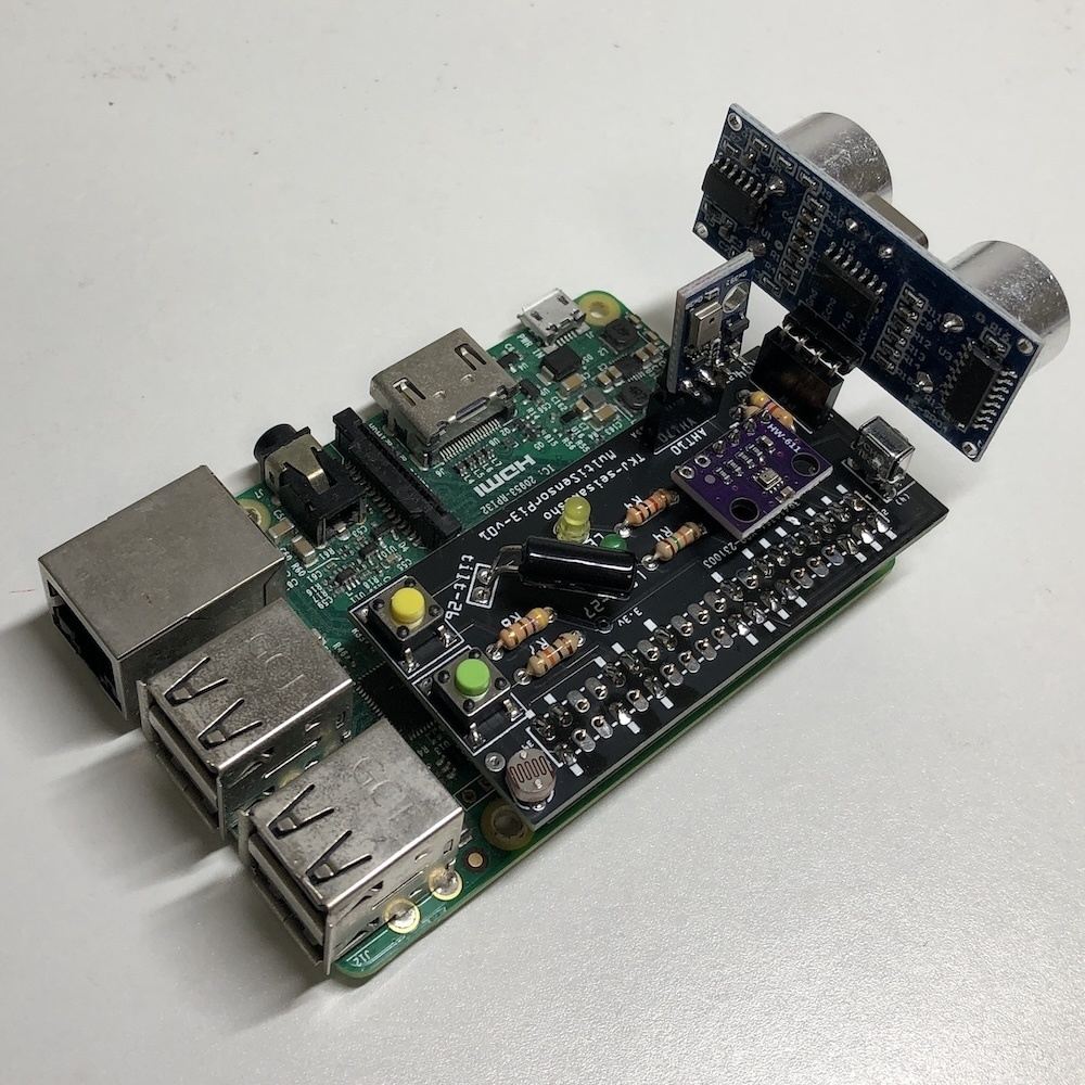 ラズベリーパイ用 気象観測や距離測定などできる、センサー基板