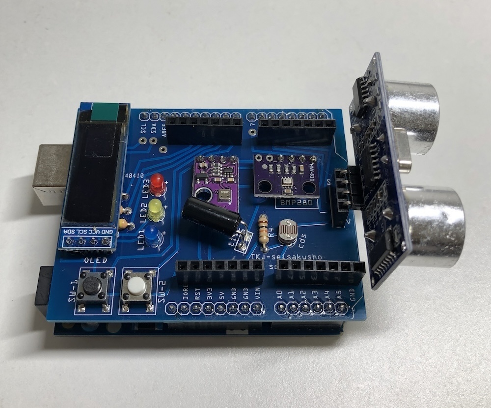 Arduino用 センサー基板 温湿度,気圧,距離,OLED表示,LED他