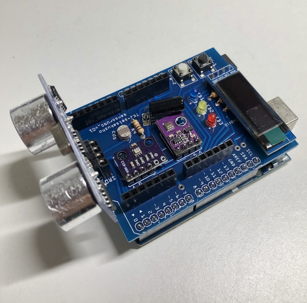 Arduino用 センサー基板 温湿度,気圧,距離,OLED表示,LED他