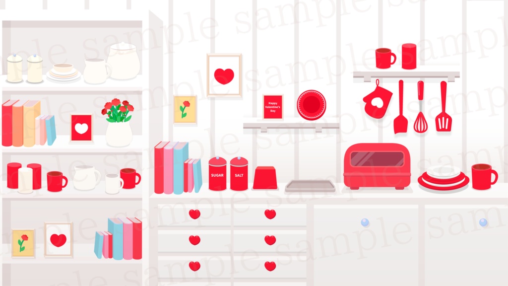 赤x白キッチンの背景素材【配信素材】