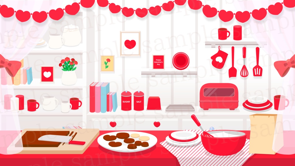 赤x白キッチンの背景素材【配信素材】