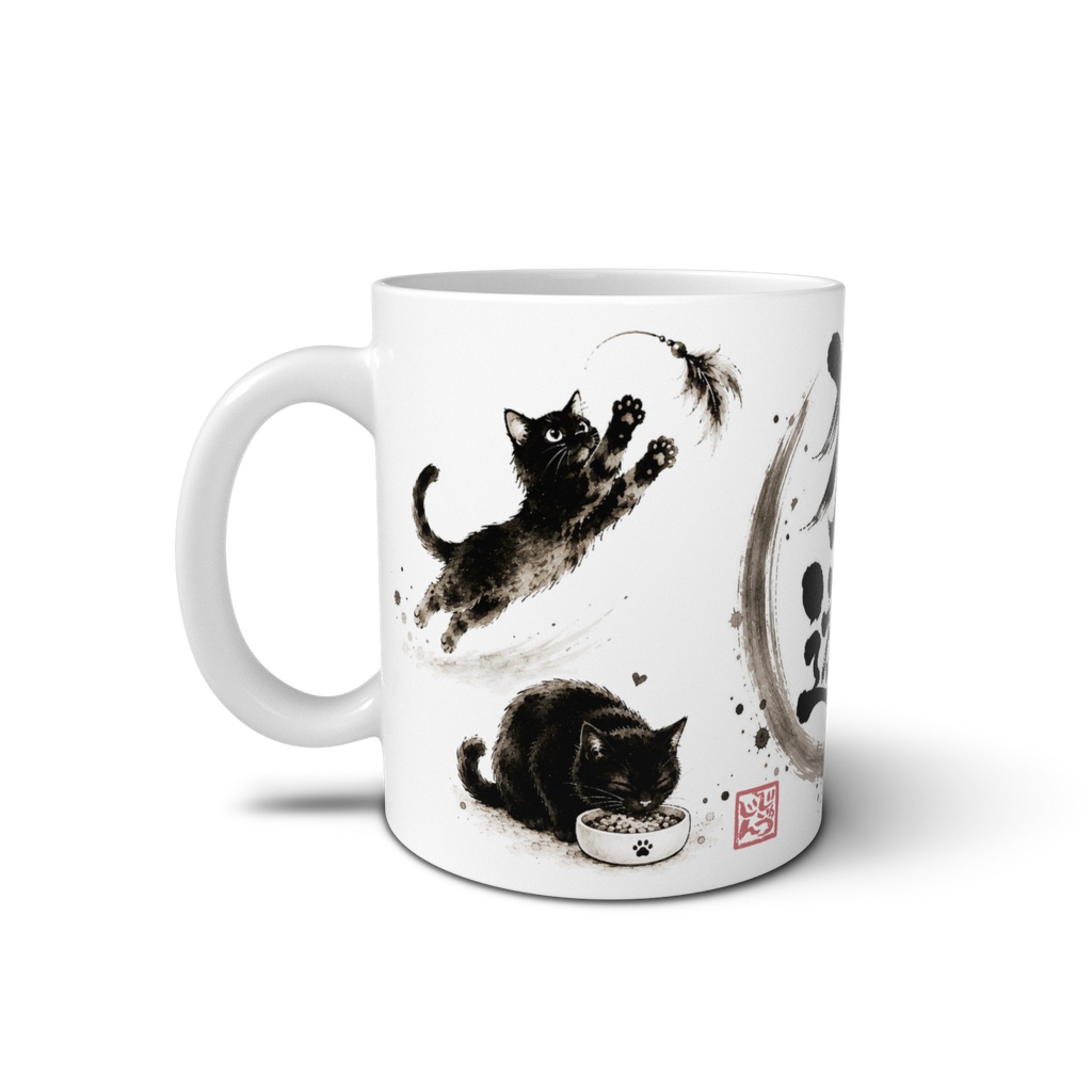 猫遊戯(ジャンプ・もぐもぐ・すりすり・手なめ)|黒猫4ポーズ 水墨画風デザイン