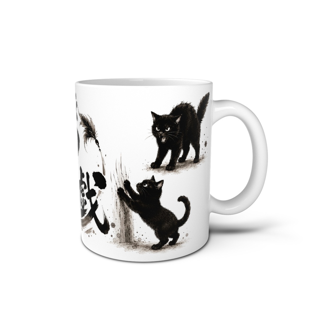 猫遊戯(う〜ん・ダッシュ・やんのかステップ・爪とぎ)|黒猫4ポーズ 水墨画風デザイン
