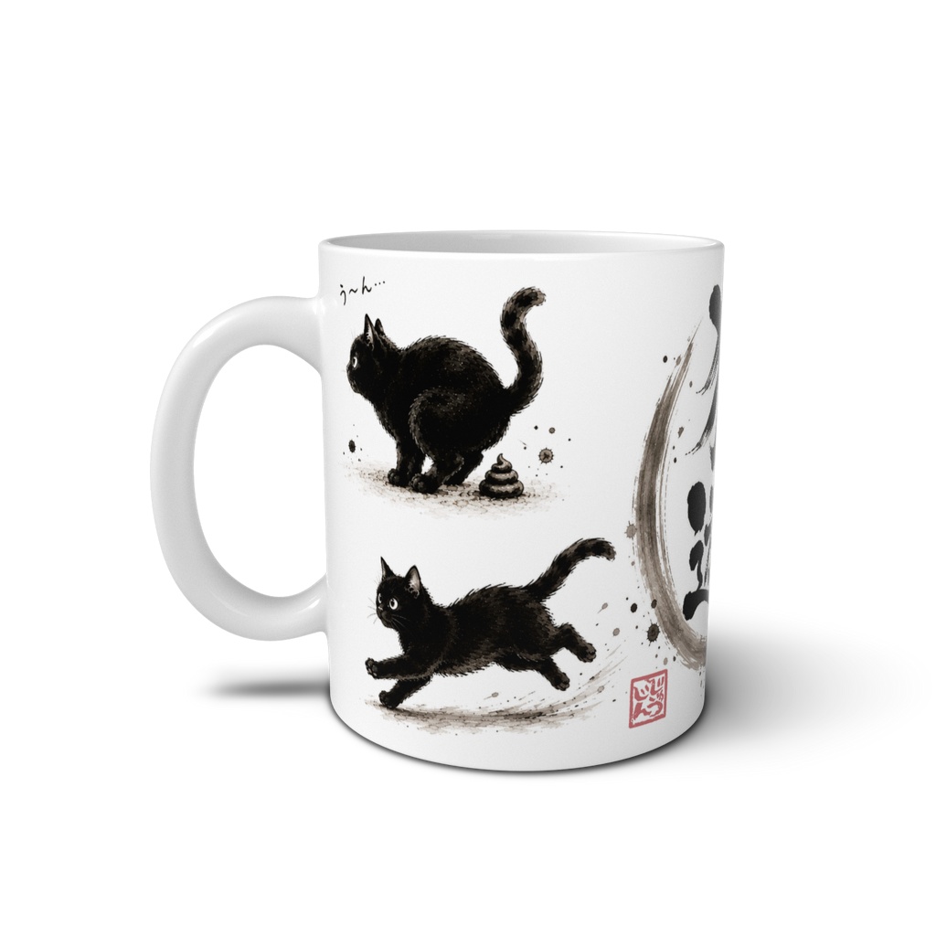 猫遊戯(う〜ん・ダッシュ・やんのかステップ・爪とぎ)|黒猫4ポーズ 水墨画風デザイン