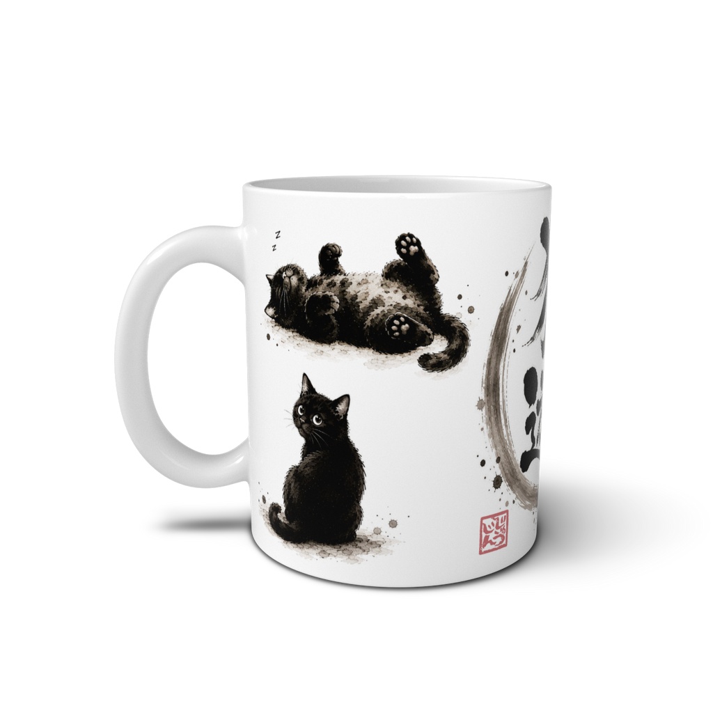 猫遊戯(へそ天・振り返り・あくび・びっくり)|黒猫4ポーズ 水墨画風デザイン