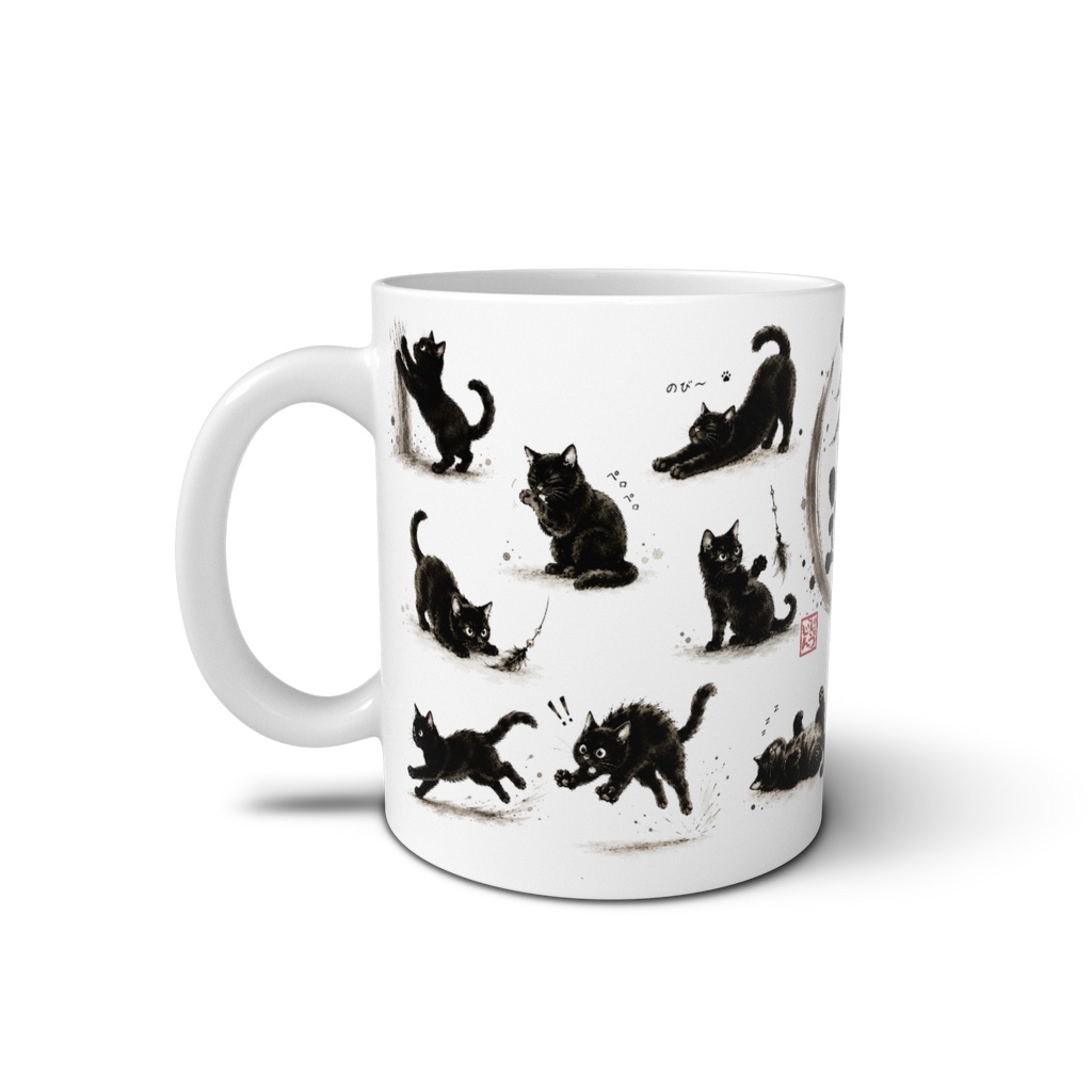 猫遊戯 百態図|黒猫づくし 水墨画風和風デザイン