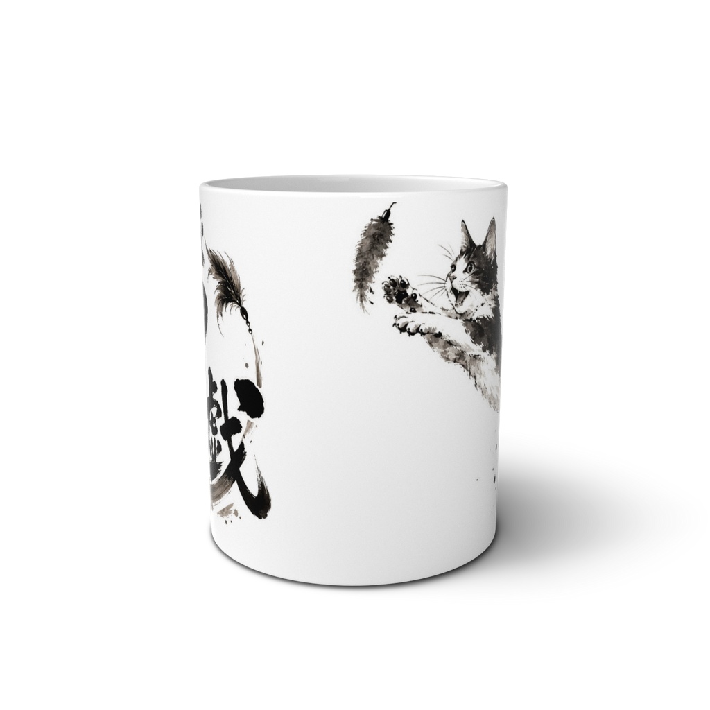 猫遊戯|大ジャンプ) 水墨画風和風デザインマグカップ