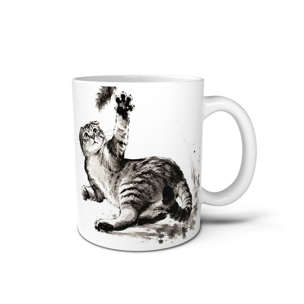 猫遊戯|スコティッシュフォールド(キジトラ) 水墨画風和風デザインマグカップ