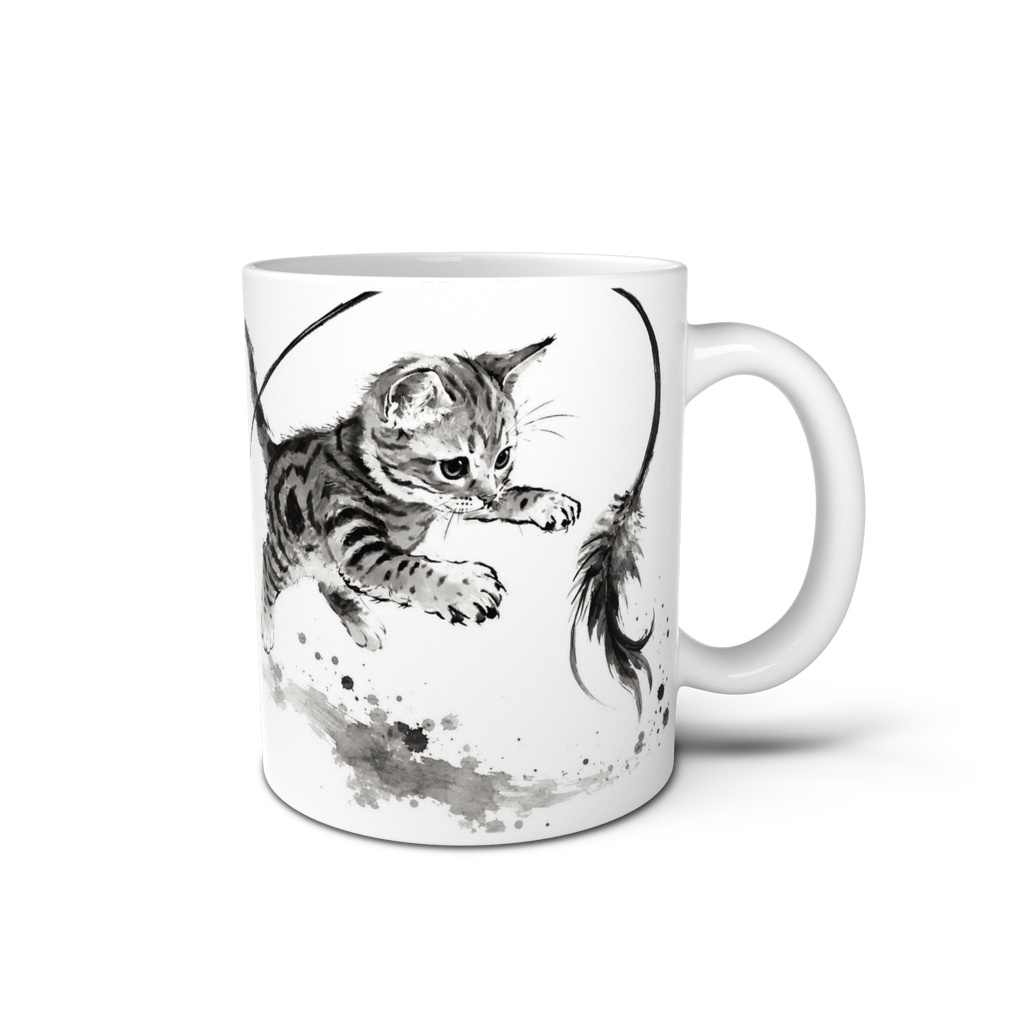 猫遊戯|アメリカンショートヘア(飛びかかり) 水墨画風和風デザインマグカップ