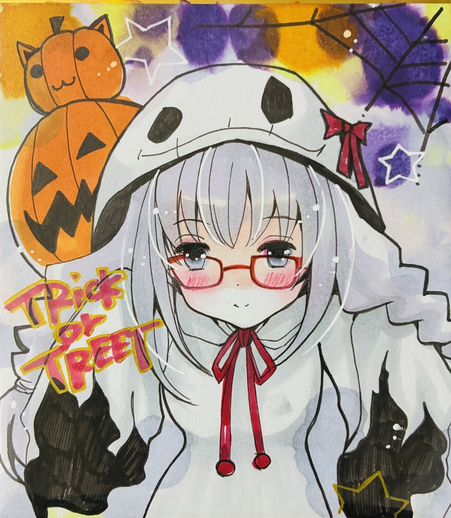 同人手描きイラスト ⑫小色紙【魔法少女まどかマギカ 暁美ほむら/ハロウィンver】