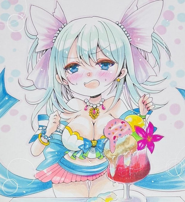 同人手描きイラスト61　大色紙【マギアレコード　水波レナ　水着ver】