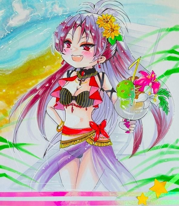 同人手描きイラスト 大色紙【マギアレコード 佐倉杏子 水着ver】