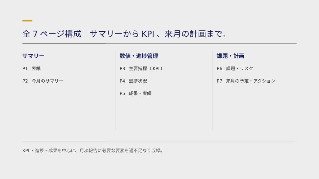 【PowerPointテンプレート】月次報告・月報 PowerPointテンプレート|KPIダッシュボードで一目で伝わる資料(全7ページ・3配色)