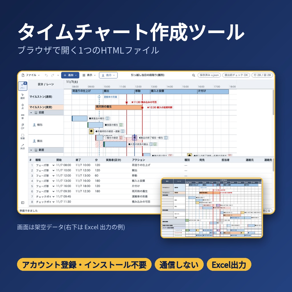 タイムチャート作成ツール|アカウント登録・インストール不要・通信しない|Excel出力