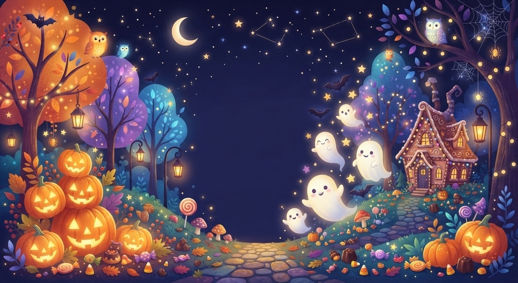 デジタルペーパー：フワッと可愛いファンタジーハロウィン背景素材・横型・高画質