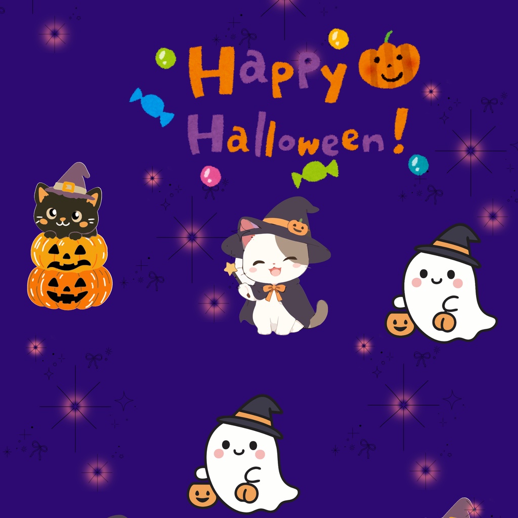 【ハロウィンデジタルペーパー/デジタル素材（または印刷物）かわいいお化けと黒猫たち