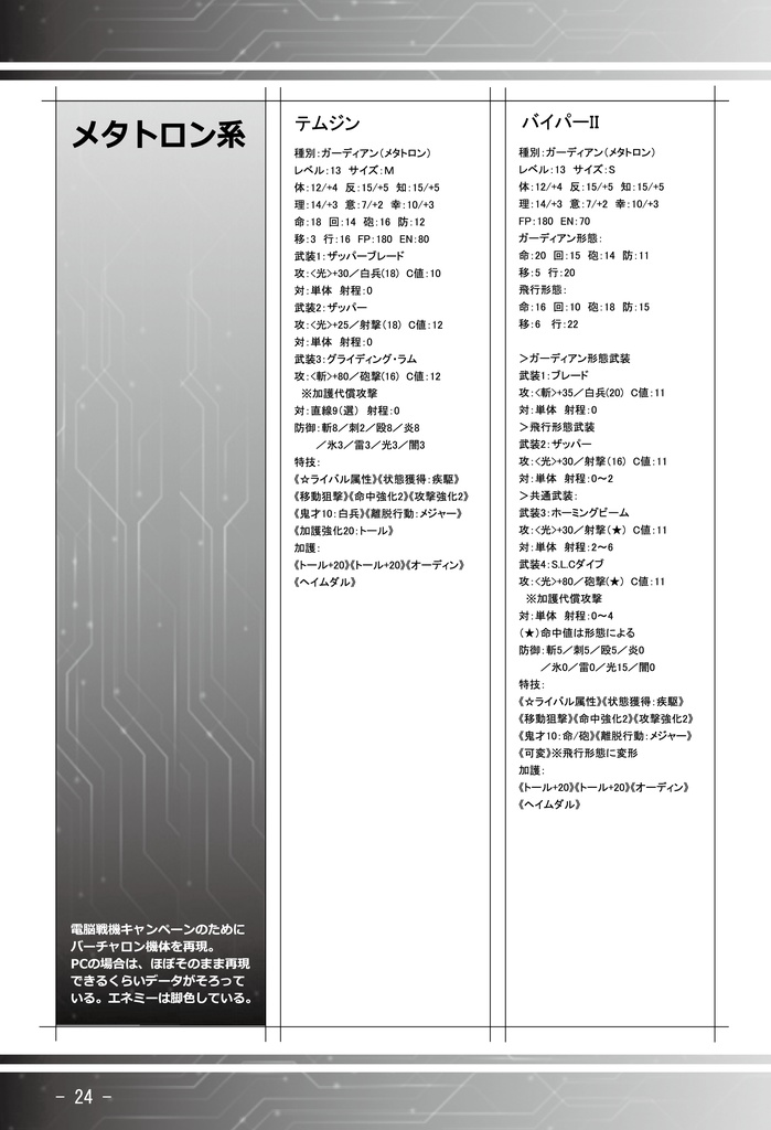 メタリックガーディアンRPG エネミーデータ集 幸運の四葉亭 BOOTH