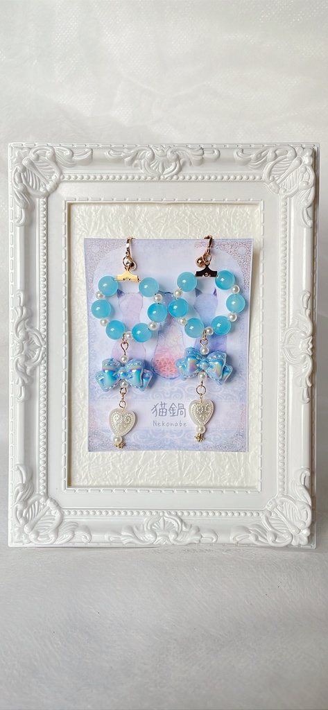 No.13 水色ハートリボンのビーズアクセサリー