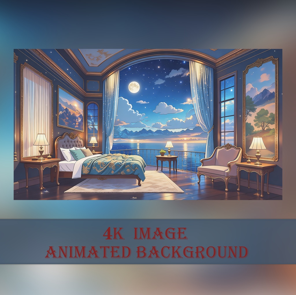 動くVTuberの背景、青い星空、夢のような海辺，