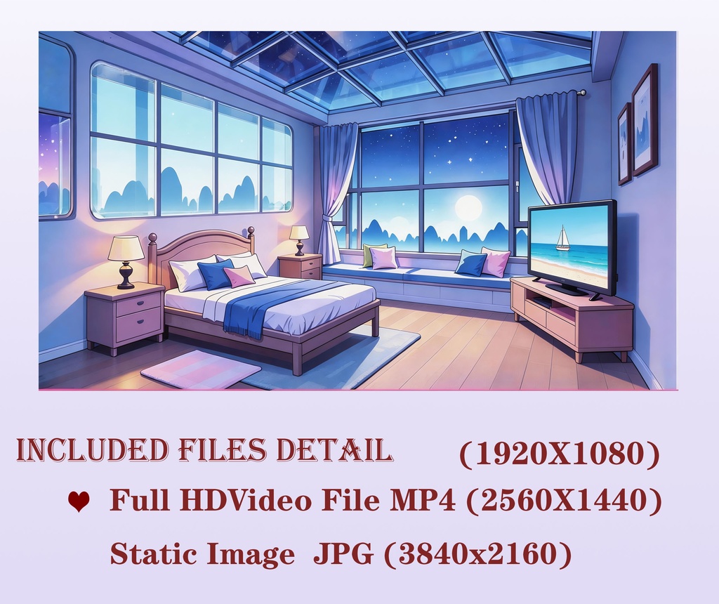 アニメVTuberの背景、青い寝室,Twitch配信,VTuber Background,Animated Background