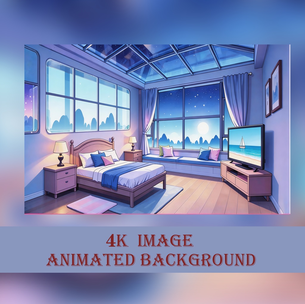 アニメVTuberの背景、青い寝室,Twitch配信,VTuber Background,Animated Background