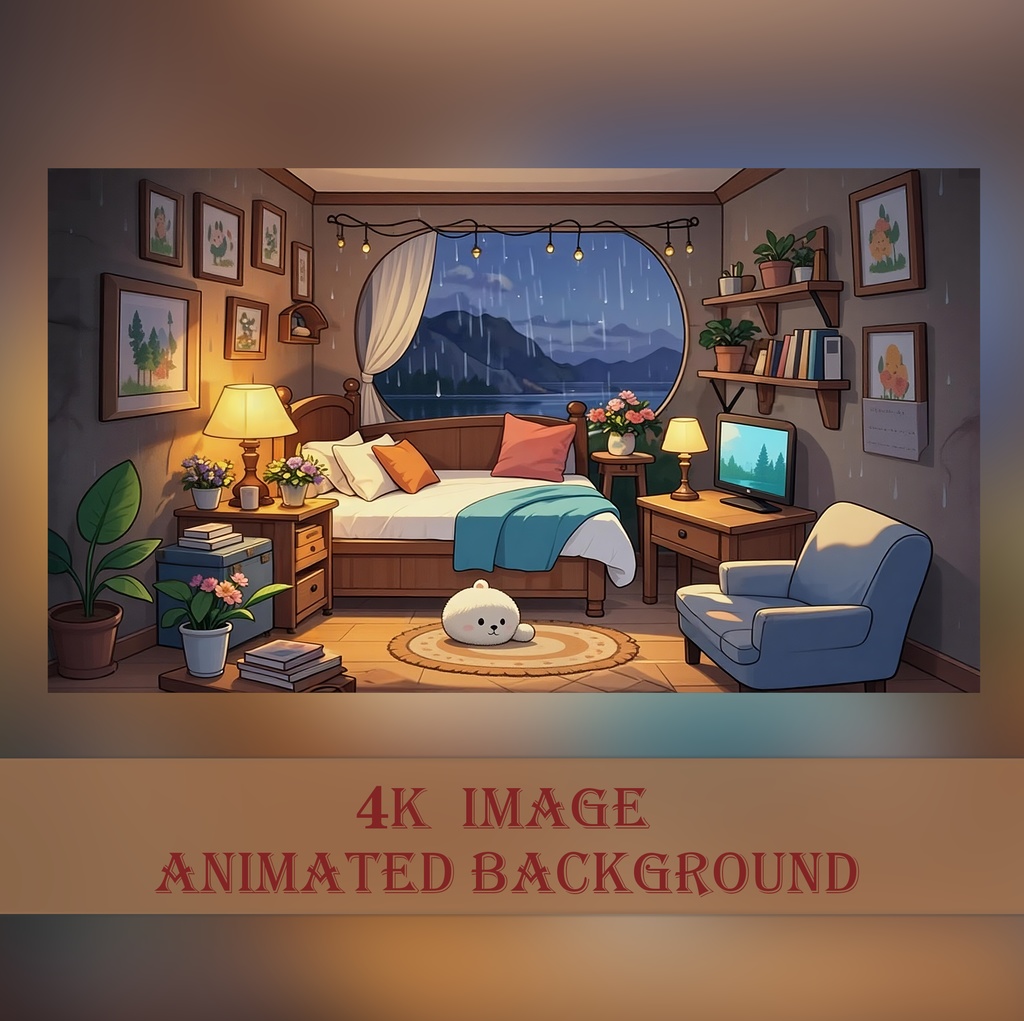 【VTuber用背景／OBS用背景】雨の夜の寝室 Lo-fiスタイル 室内背景イラスト - Rain Bedroom, Animated Background