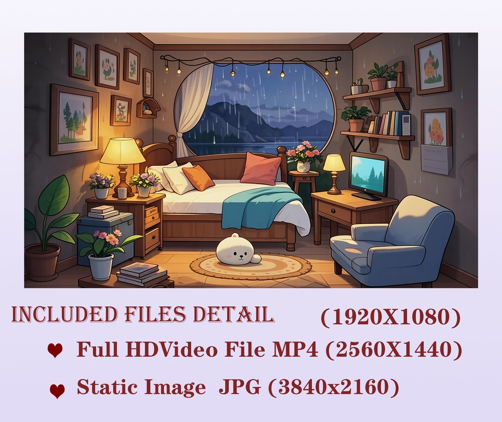 【VTuber用背景/OBS用背景】雨の夜の寝室 Lo-fiスタイル 室内背景イラスト - Rain Bedroom, Animated Background