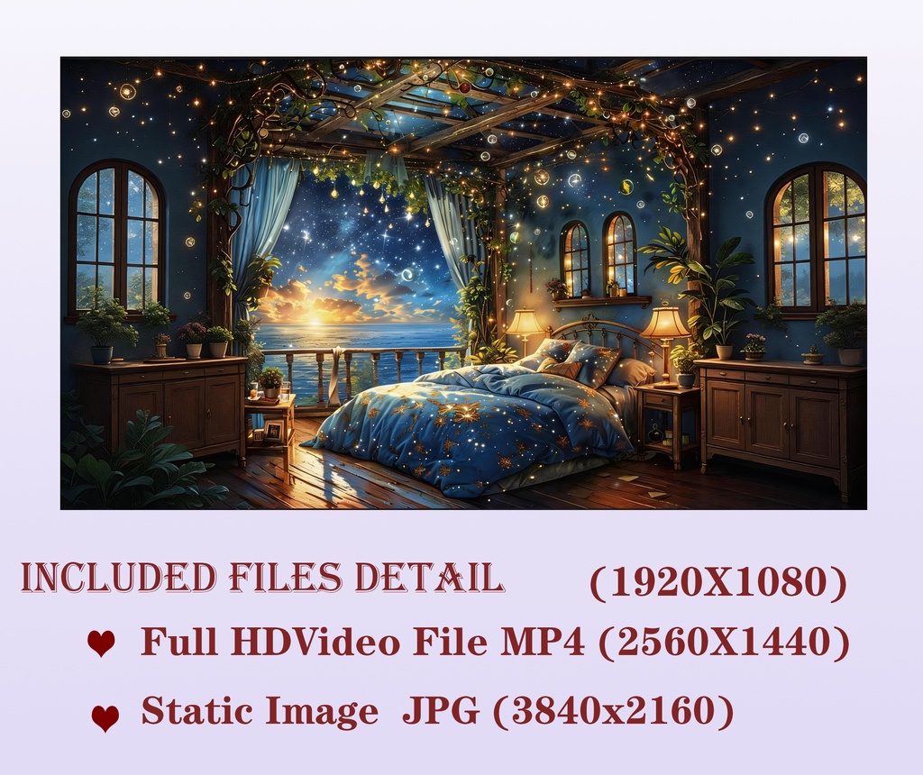 【VTuber/OBS背景】星降る海の寝室 幻想的な夜 室内背景素材 -Ocean Bedroom Fantasy Background