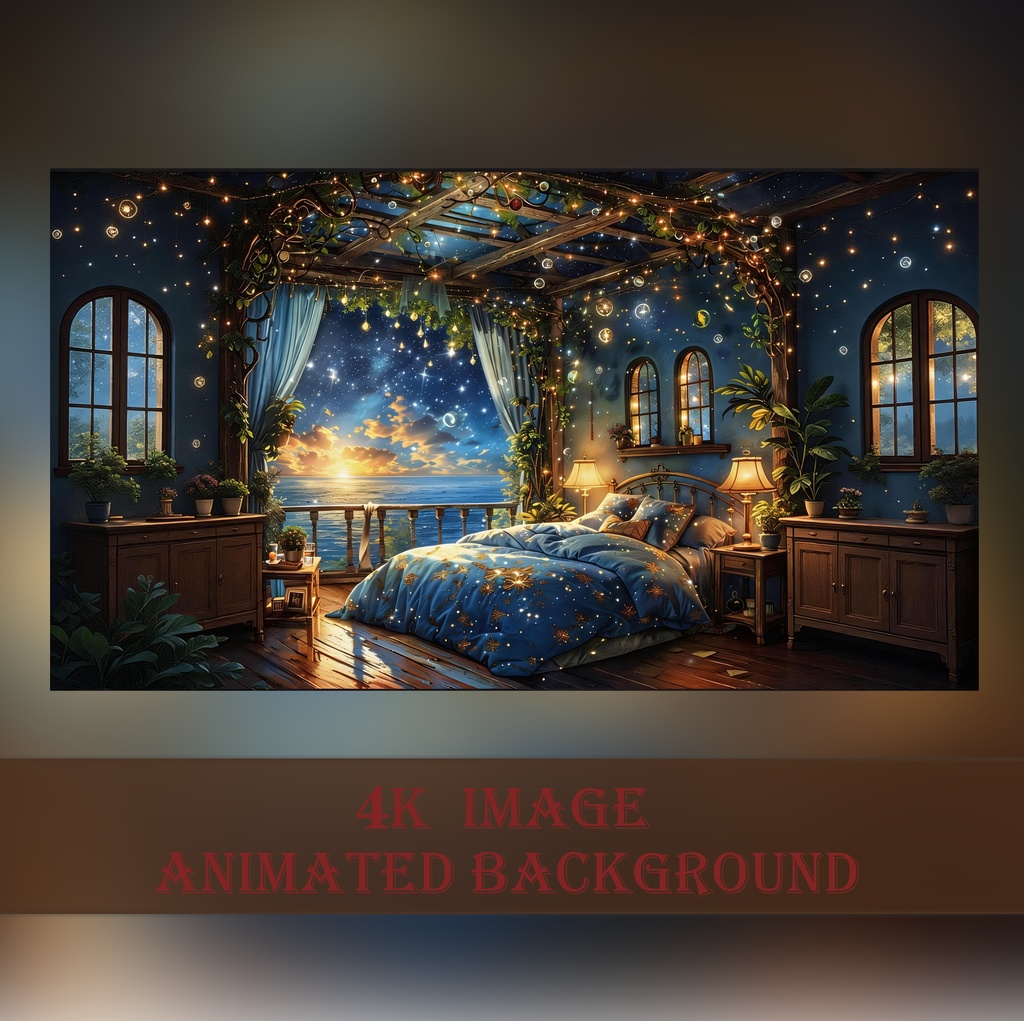 【VTuber/OBS背景】星降る海の寝室 幻想的な夜 室内背景素材 -Ocean Bedroom Fantasy Background