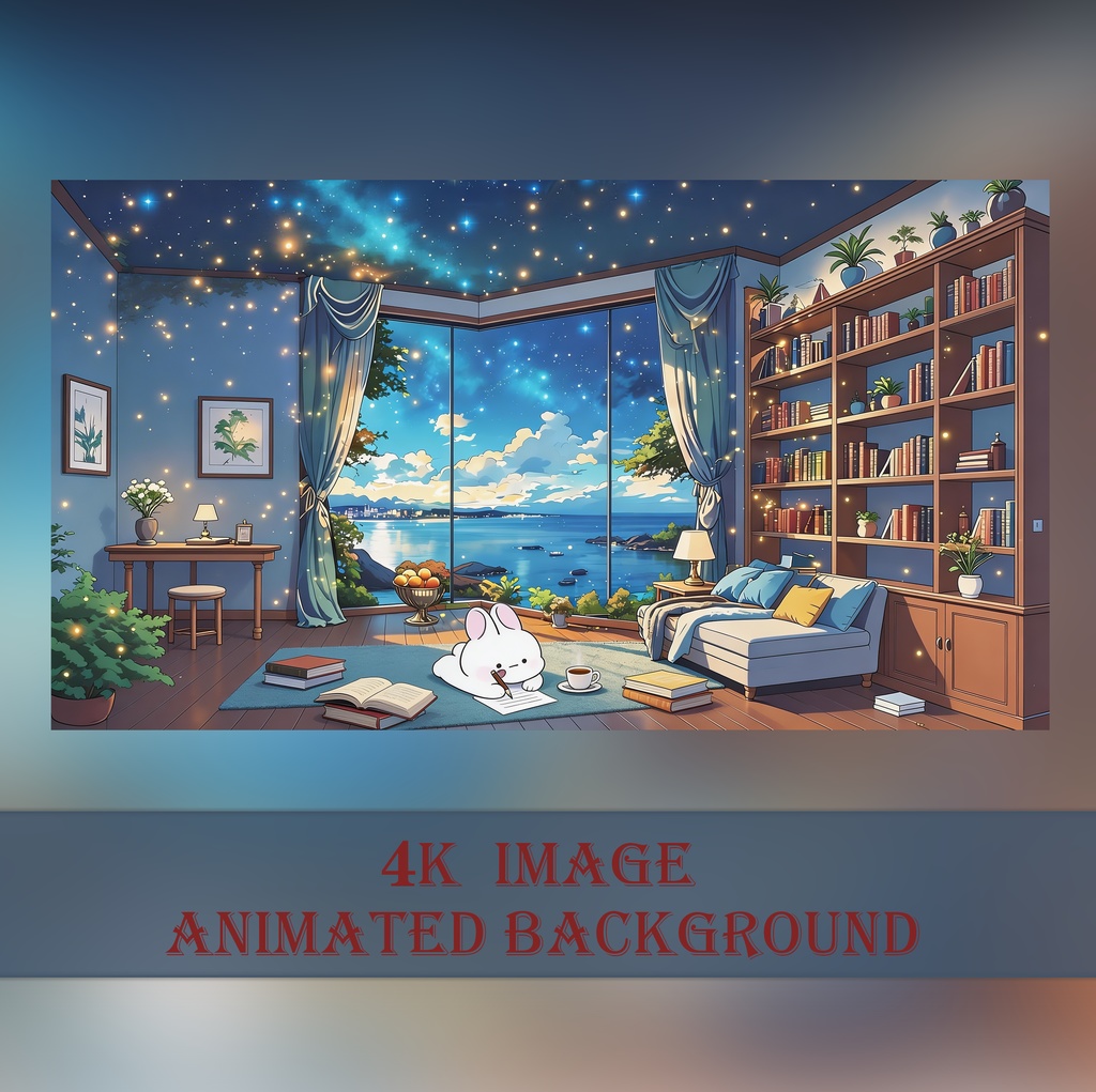 VTuber素材】動く背景：星空の図書室と海の見える部屋 - 星の瞬く夜 (Loop)