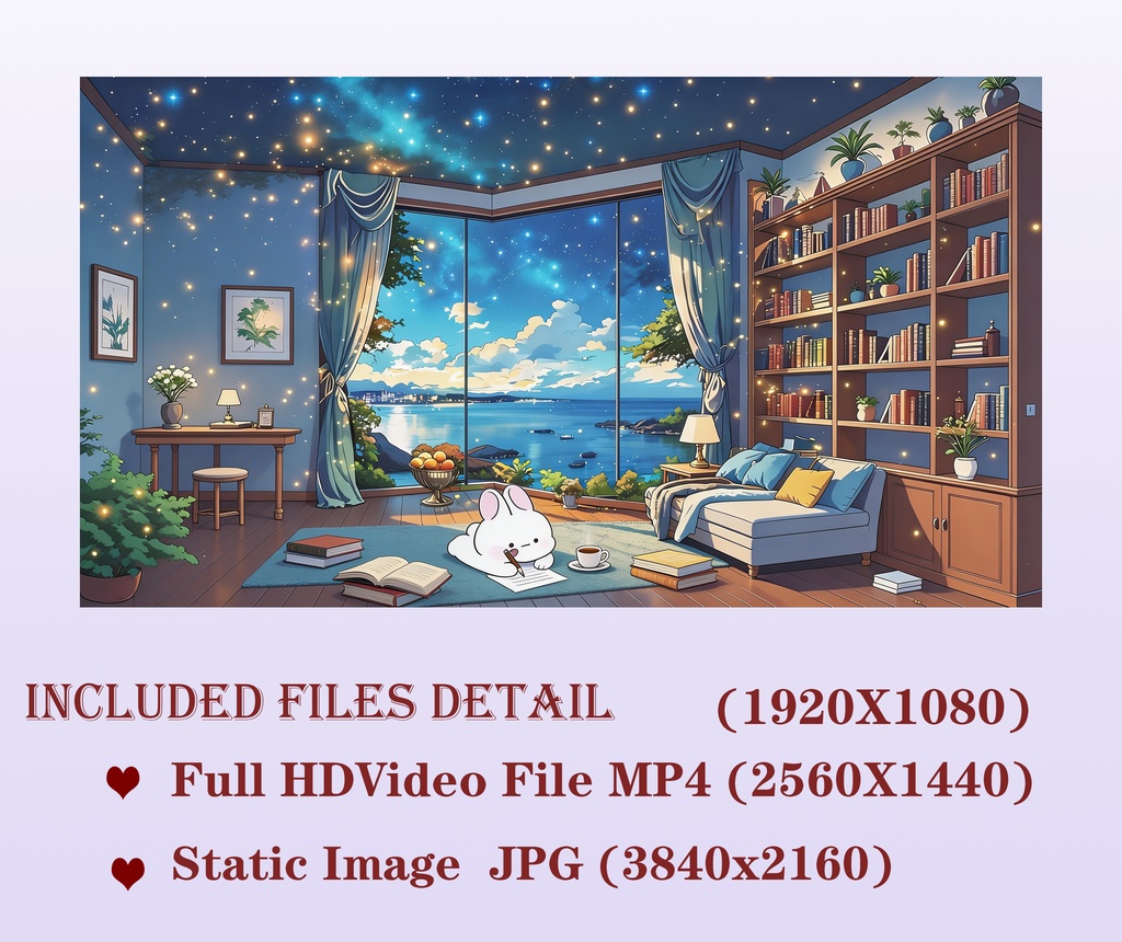 VTuber素材】動く背景:星空の図書室と海の見える部屋 - 星の瞬く夜 (Loop)