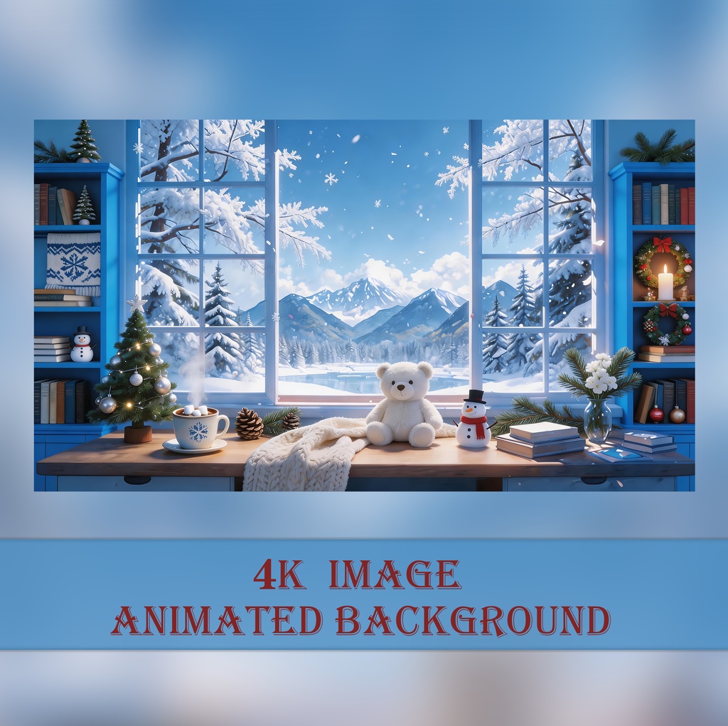 【動く背景】雪降る窓辺とクリスマスの図書室 - 癒やしの冬景色【VTuber/配信/OBS】