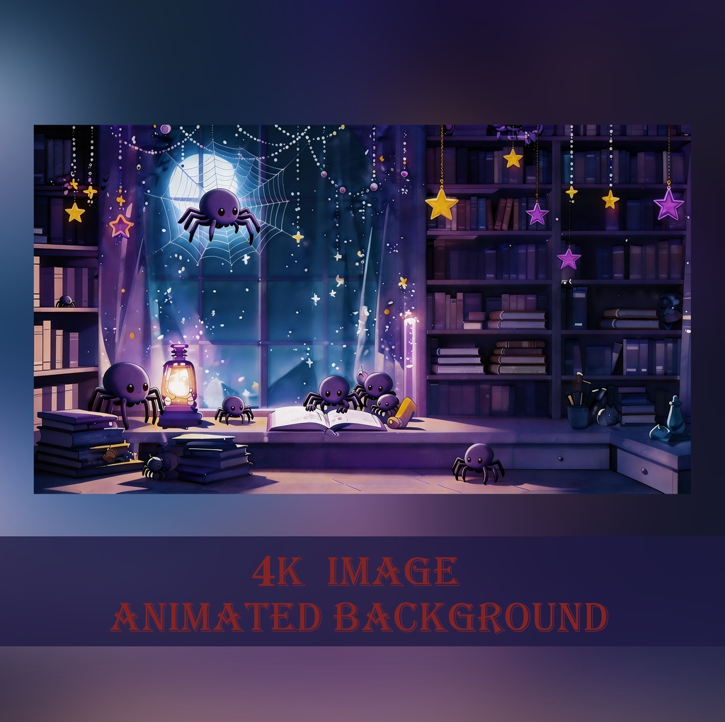 【動く背景】ちいさな蜘蛛と魔女の図書室 - ハロウィン・ファンタジー夜景【VTuber/配信/OBS】