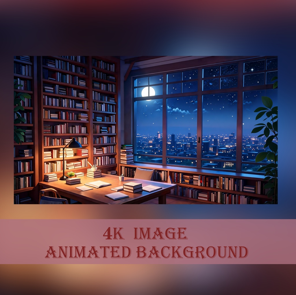 【動く背景】月夜のレトロな書斎 - 街あかりを望む深夜の図書室【VTuber/作業用/OBS】